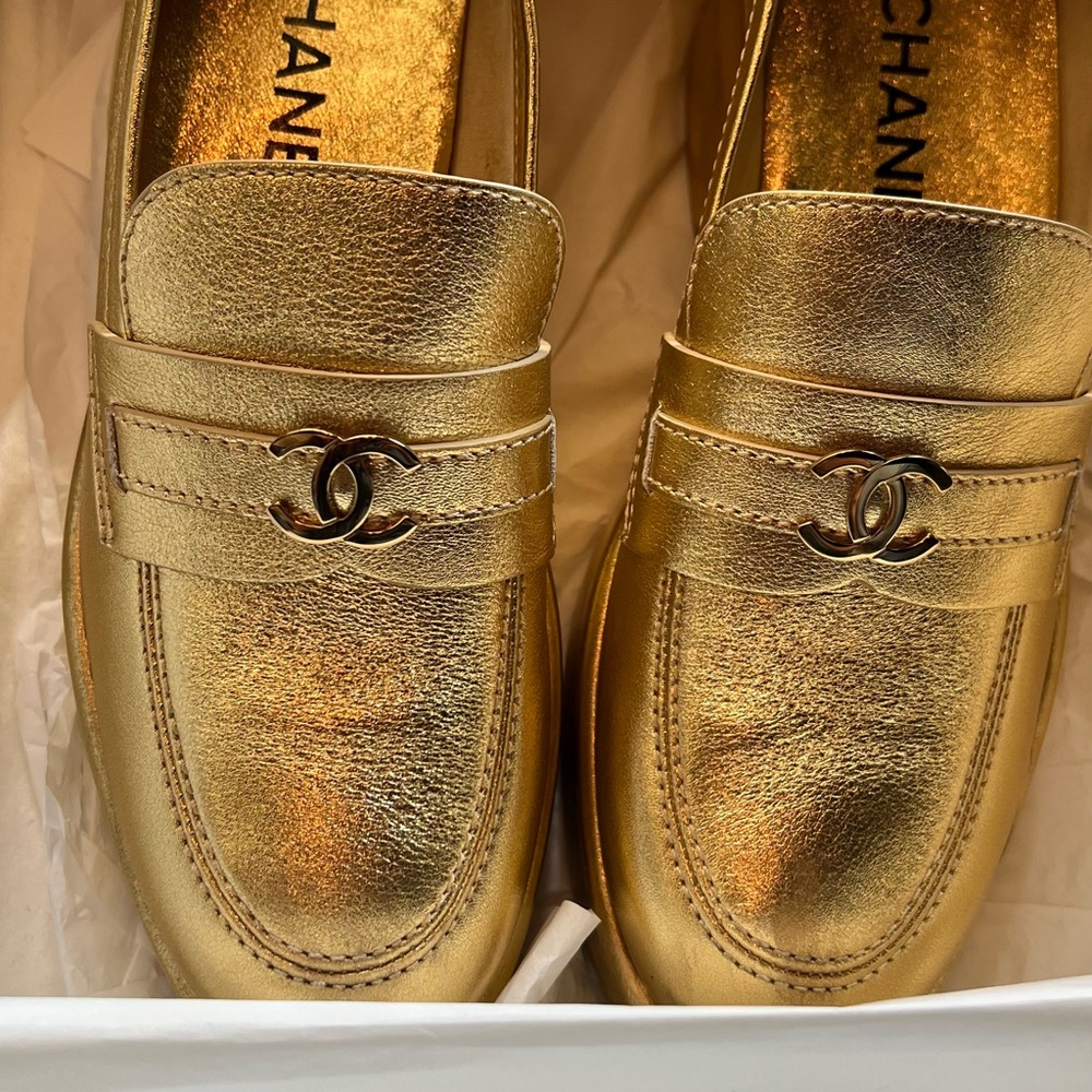 CHANEL Gold Loafers
